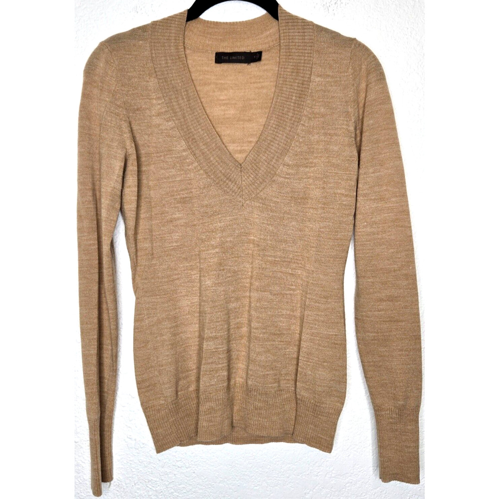 The Limited Sweater Womens Small Tan Merino Wool V Neck‎ Lightweight Top Minimal